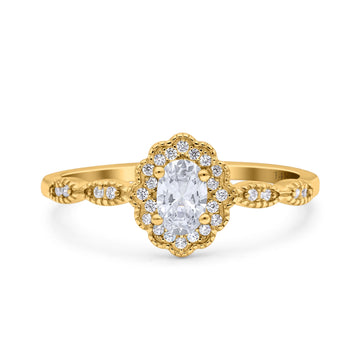 14K Yellow Gold Halo Vintage Floral Art Deco Oval Bridal Simulated CZ Wedding Engagement Ring Size 7